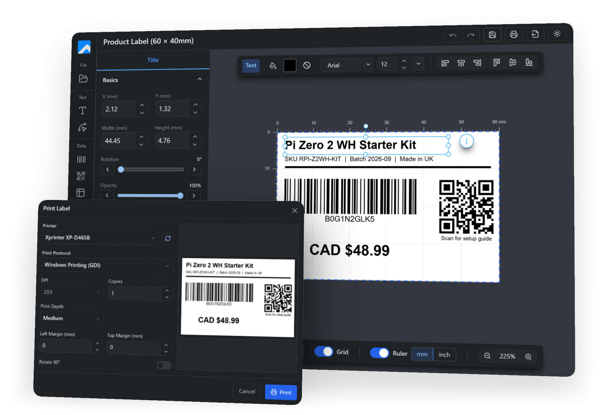Labelr label designer in dark mode with the print dialog open