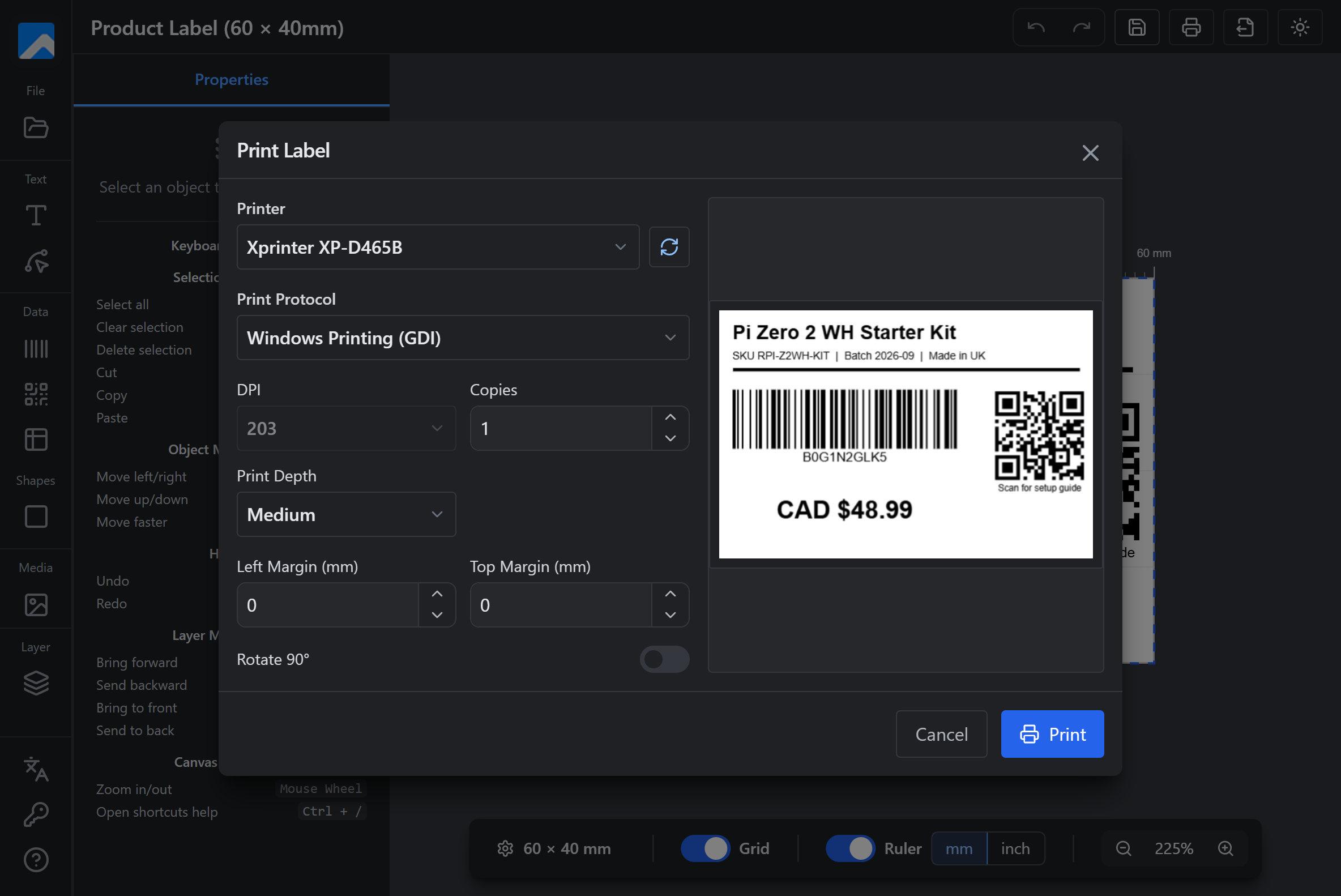 Labelr print dialog with printer, protocol, DPI and margin settings