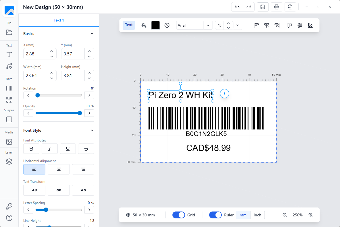 Labelr live preview editor showing visual label design